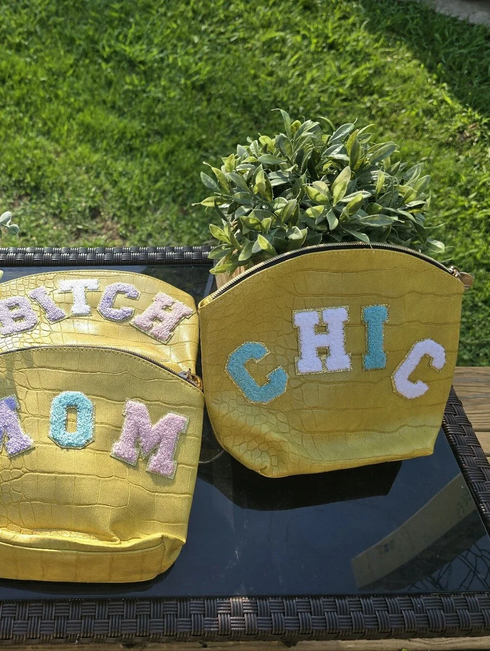 Elizabeth Arden Yellow 'KIND' & 'MESS' Embroidered Cosmetic Pouch